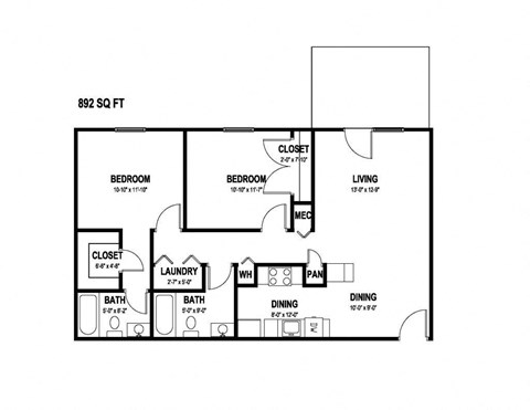 Floor plan for 2 beds, 2 baths, 892 sqft